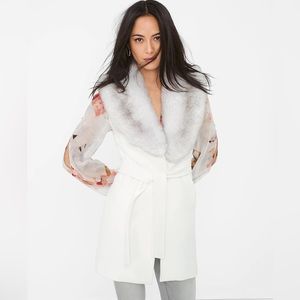 WHBM Faux Fur-Collar Wrap Vest S/M Beautiful Gray & Off-White Ivory